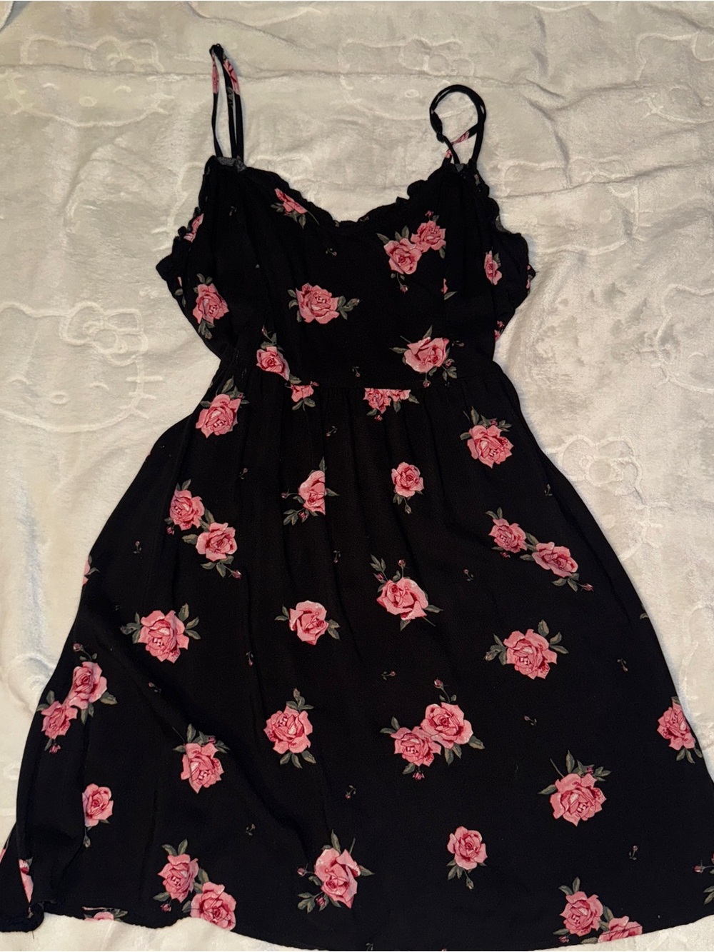 H&M Divided Black Floral Spaghetti-Strap Mini Dress with Pink Roses M